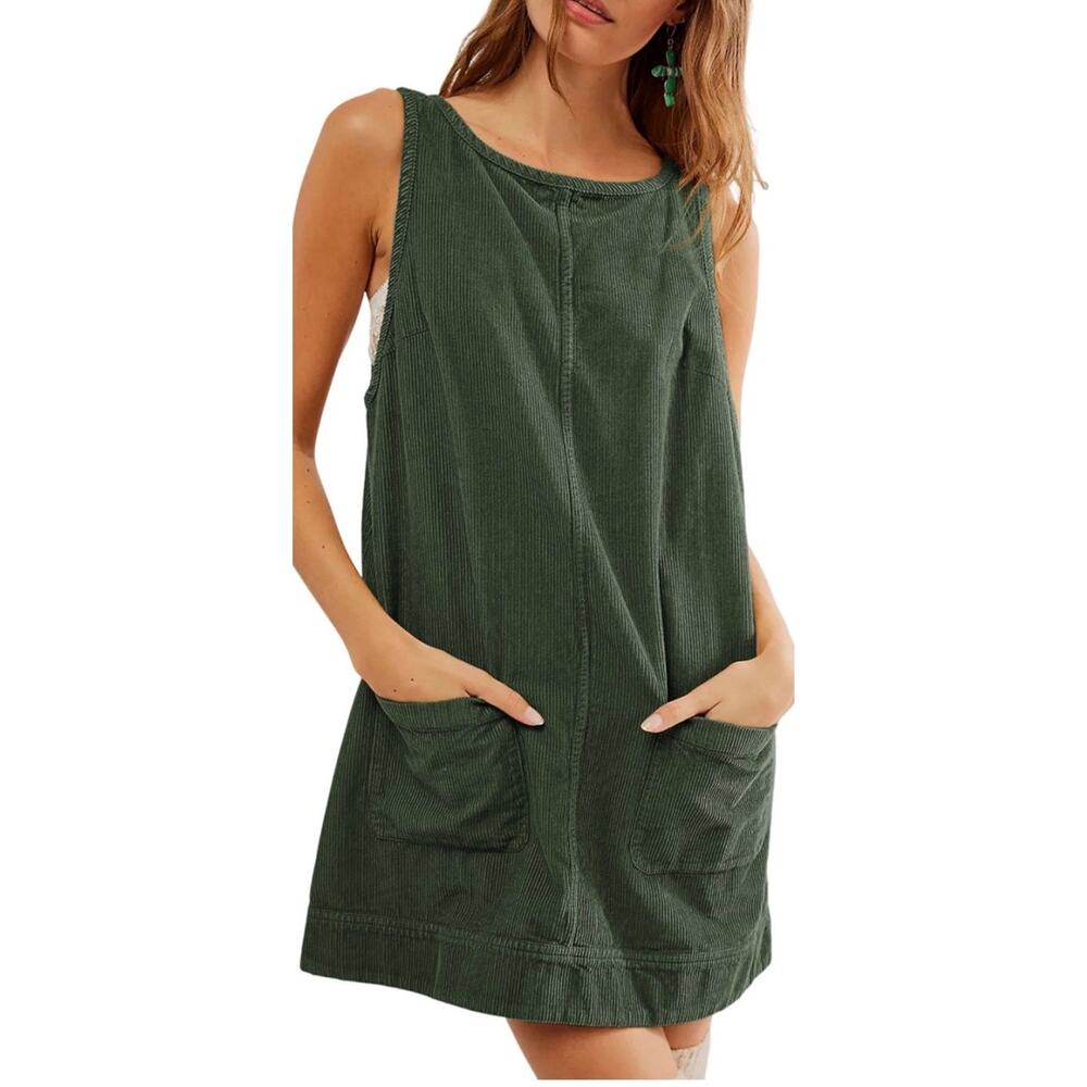 NWT Corduroy Pinafore Mini Dress Olive Green Sleeveless Pocket Jumper Dress, S